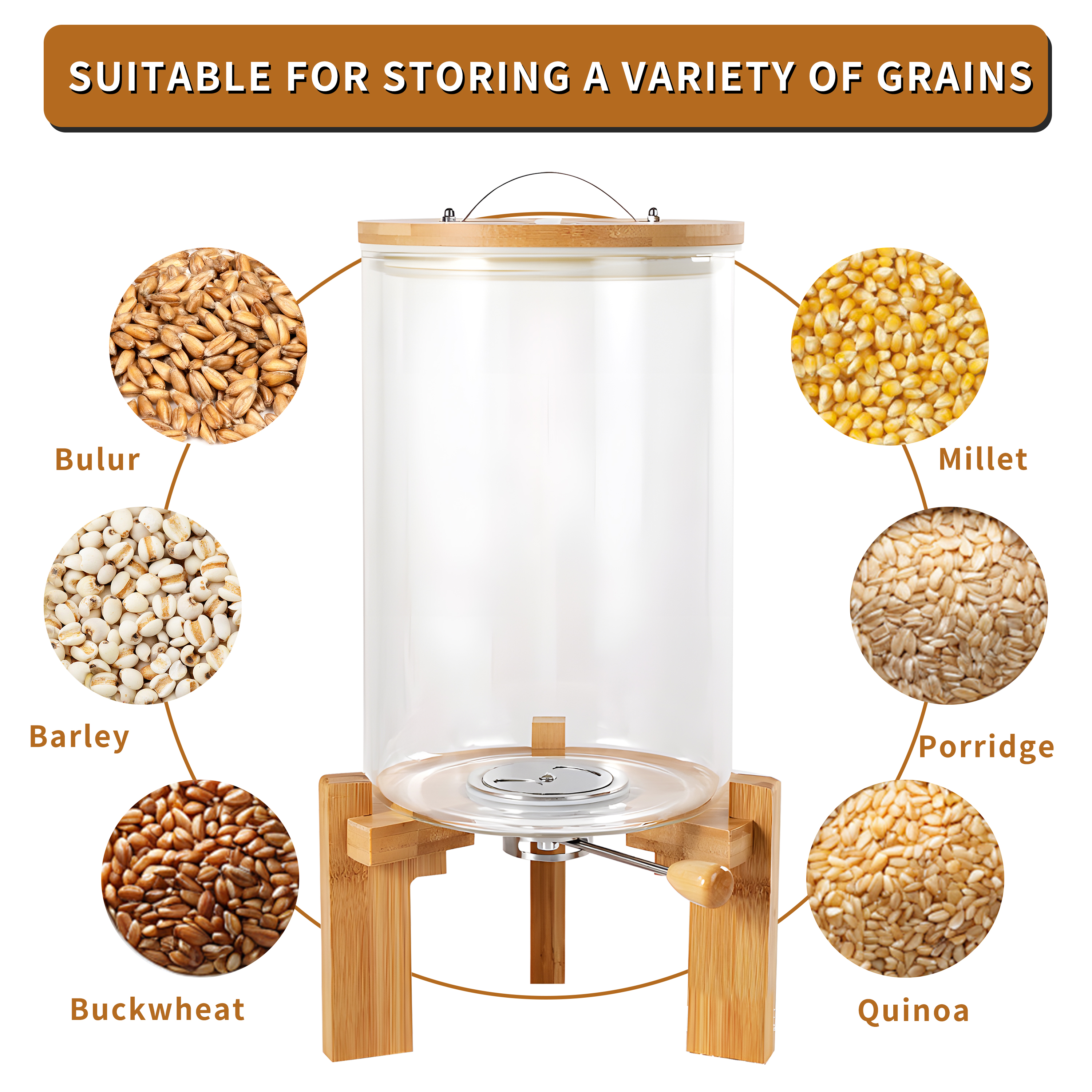 Gtouse 7.5L Glass Rice Dispenser, 11.81'' Height Cereal Dispenser w/ Bamboo Stand, Airtight Food Storage Container w/ Measuring Cup