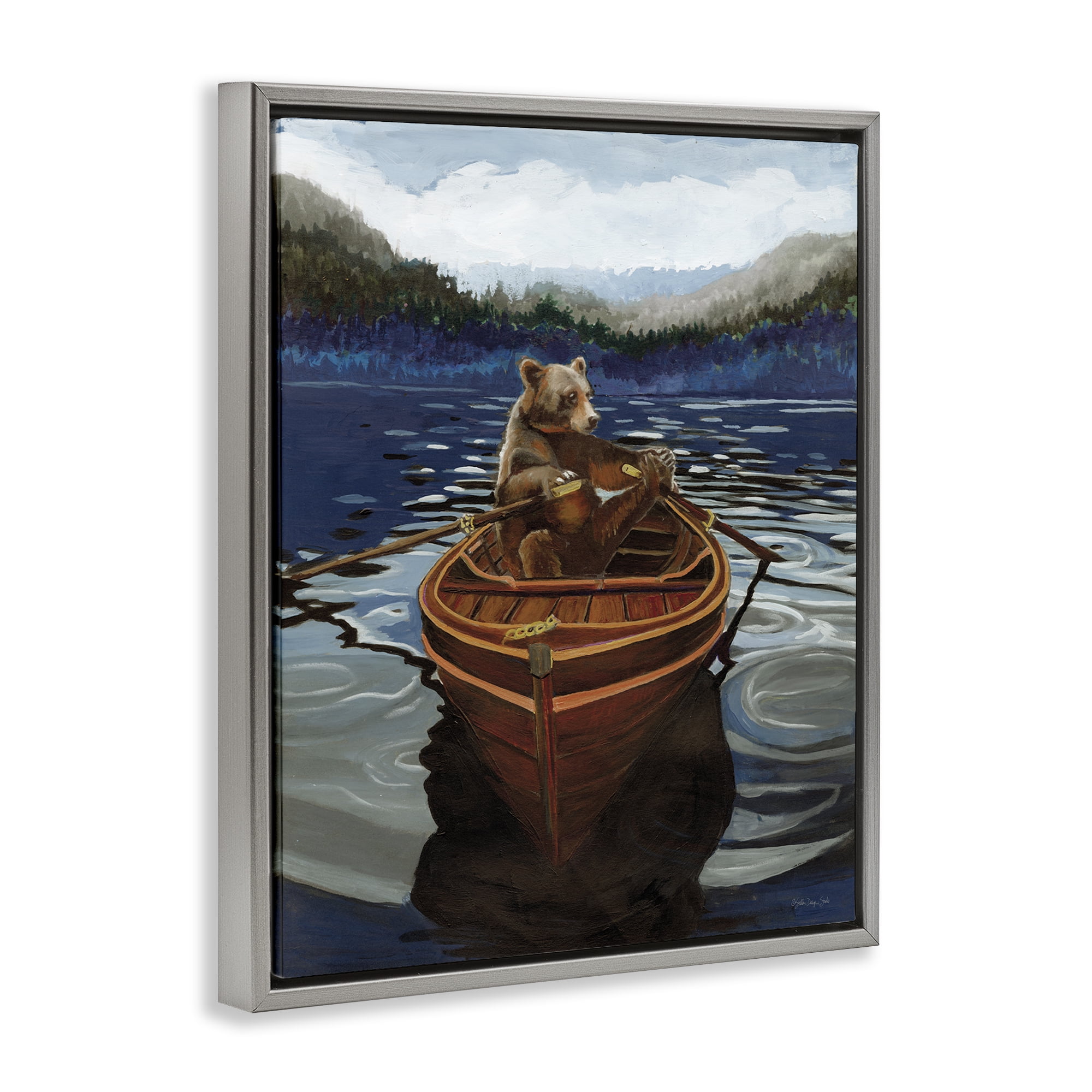 Stupell Industries Brown Bear on Row Boat Animals Painting Gray Floater Framed Canvas Art Print Wall Art, 17 x 21