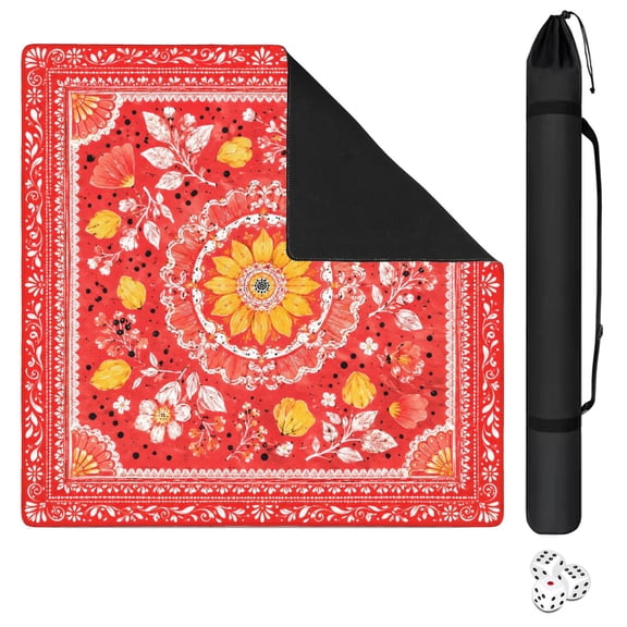 Mahjong Mat with Carrying Bag 31.5" x 31.5" Non-Slip Noise Reduction Red Sunflower Mandala Chinoiserie Table Mat for Mahjong Poker Dominoes Card Board Tile Games
