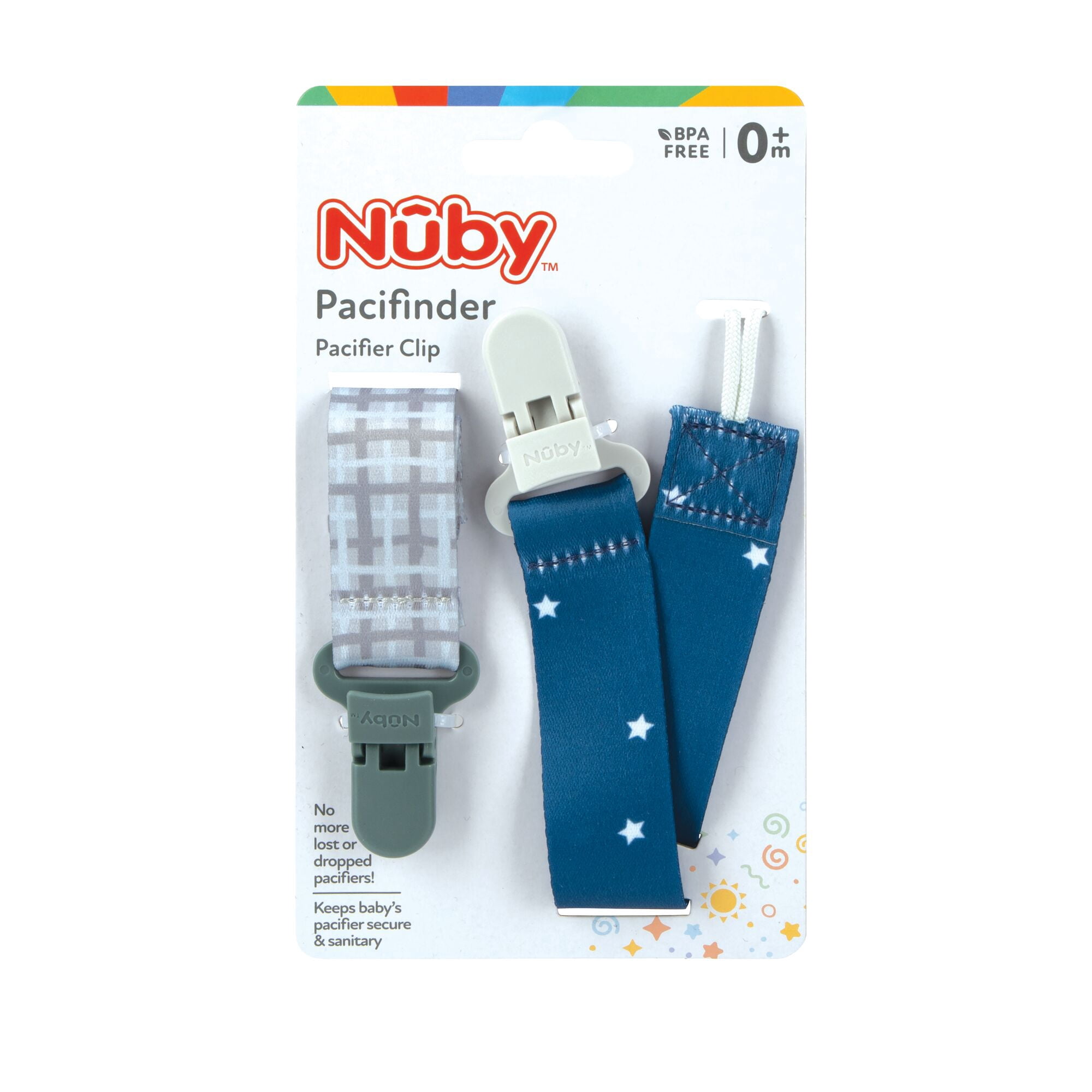 Nuby 2pk Cloth Pacifinder Clip, Gray Plaid & Blue Stars