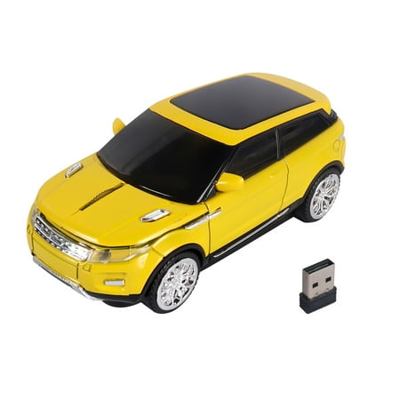 PloutoRich Wireless Car Mouse Small Cool Sport Car Shaped Computer Mice with LED Headlight USB Receiver 2.4GHz Portable Optical Mini Mouse for Laptop PC Desktop Computer Kids Gift (Yellow)