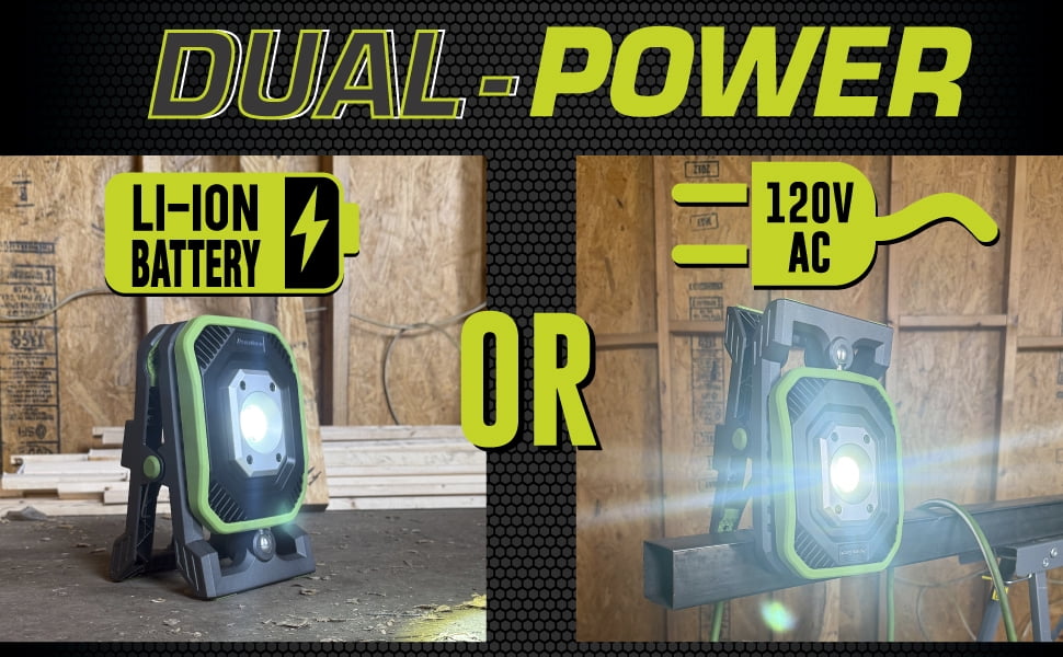 PowerSmith 3000 Lumen Rechargeable LED Clamp Work Light Dual-Power, Powered Through 120V AC or Rechargeable Lithium-Ion Battery, Large Clamp, 5-Year Warranty