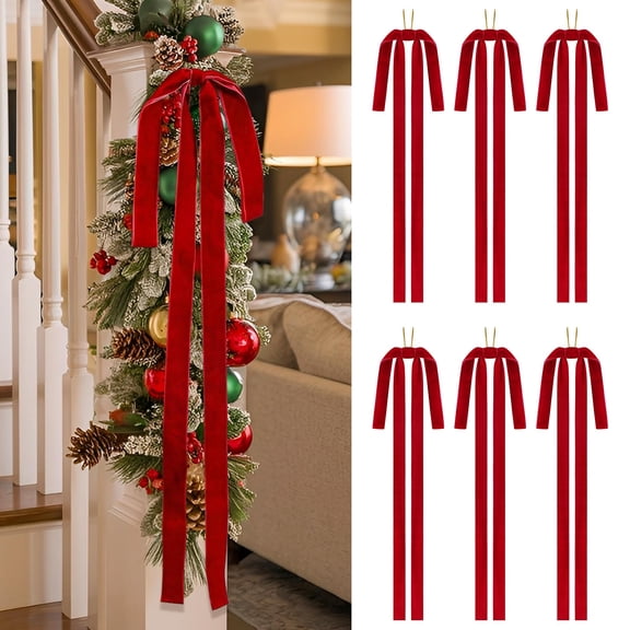 TETOU 6pcs Christmas Garland Swag Bow,23.5x15.5 Inch Rustic Vintage Large Xmas Staircase Wreath Bows for Christmas Tree Staircase Indoor Outdoor Decorations(Red)