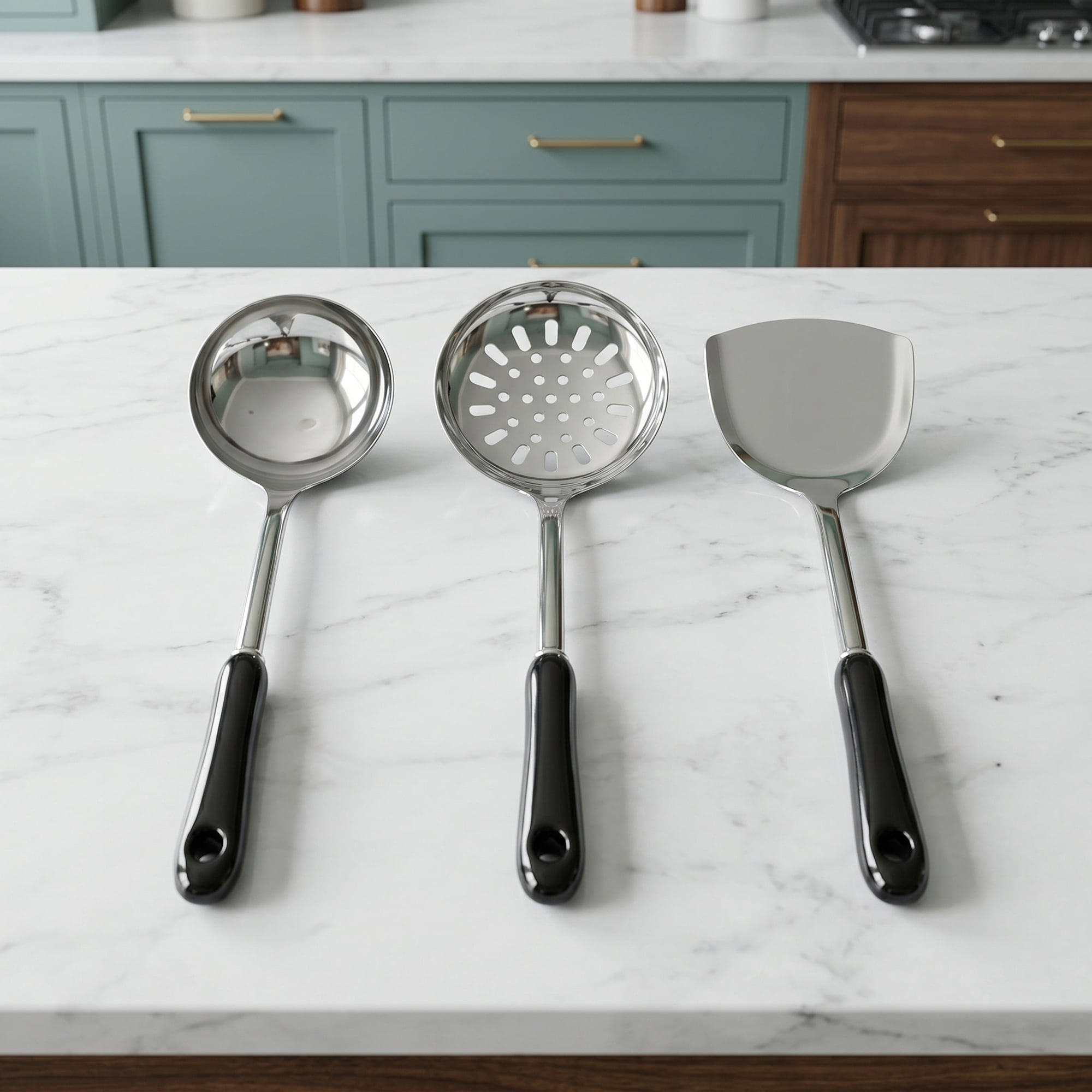 Unique Bargains Color-blocked Kitchen Utensil Set for Home Cooking Black-Silver 3pcs