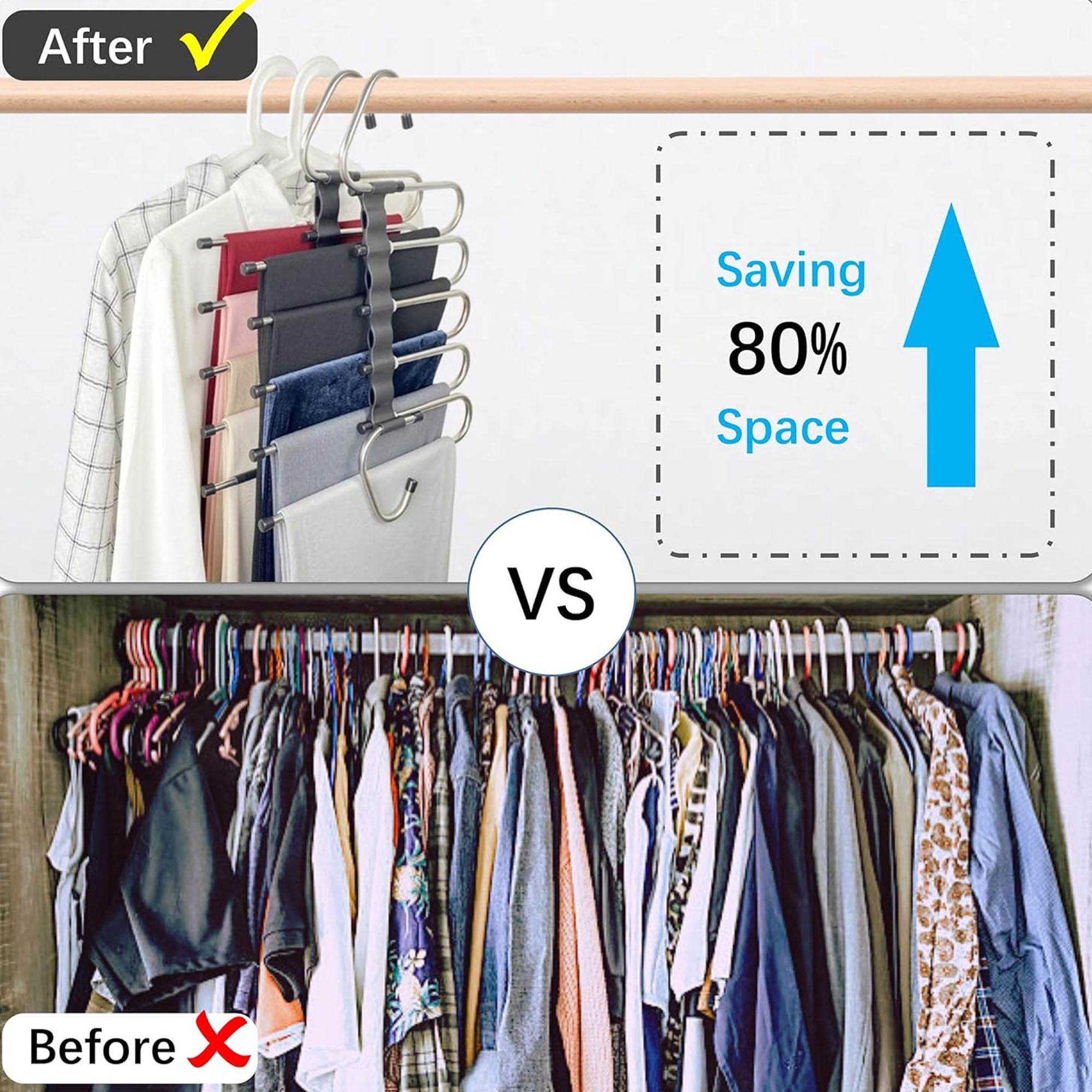 ofefe Space Saving Pants Hangers 2 Pack with 10 Metal Clips, Non-Slip Multi-Layer Hanger for Closet Organizer for Jeans Skirts Scarves Leggings Black