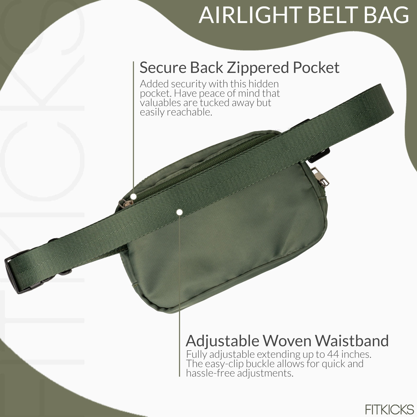 FITKICKS Airlight Belt Bag Lightweight Fanny Pack, Waist Pouch with Adjustable Strap - Green