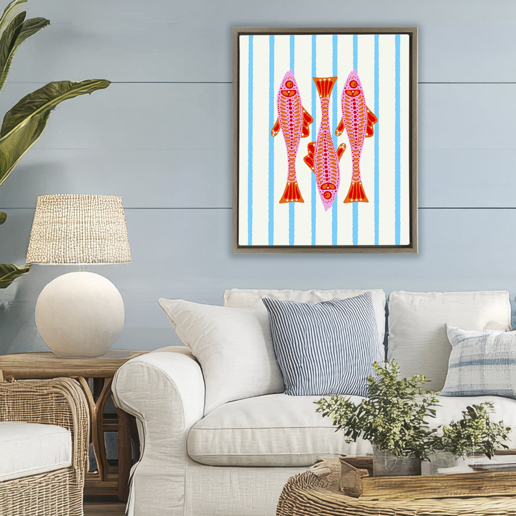 Stupell Industries Bright Aquatic Fish on Stripes Brown Framed Floater Canvas Wall Art, design by Indira Prieto | IndySign