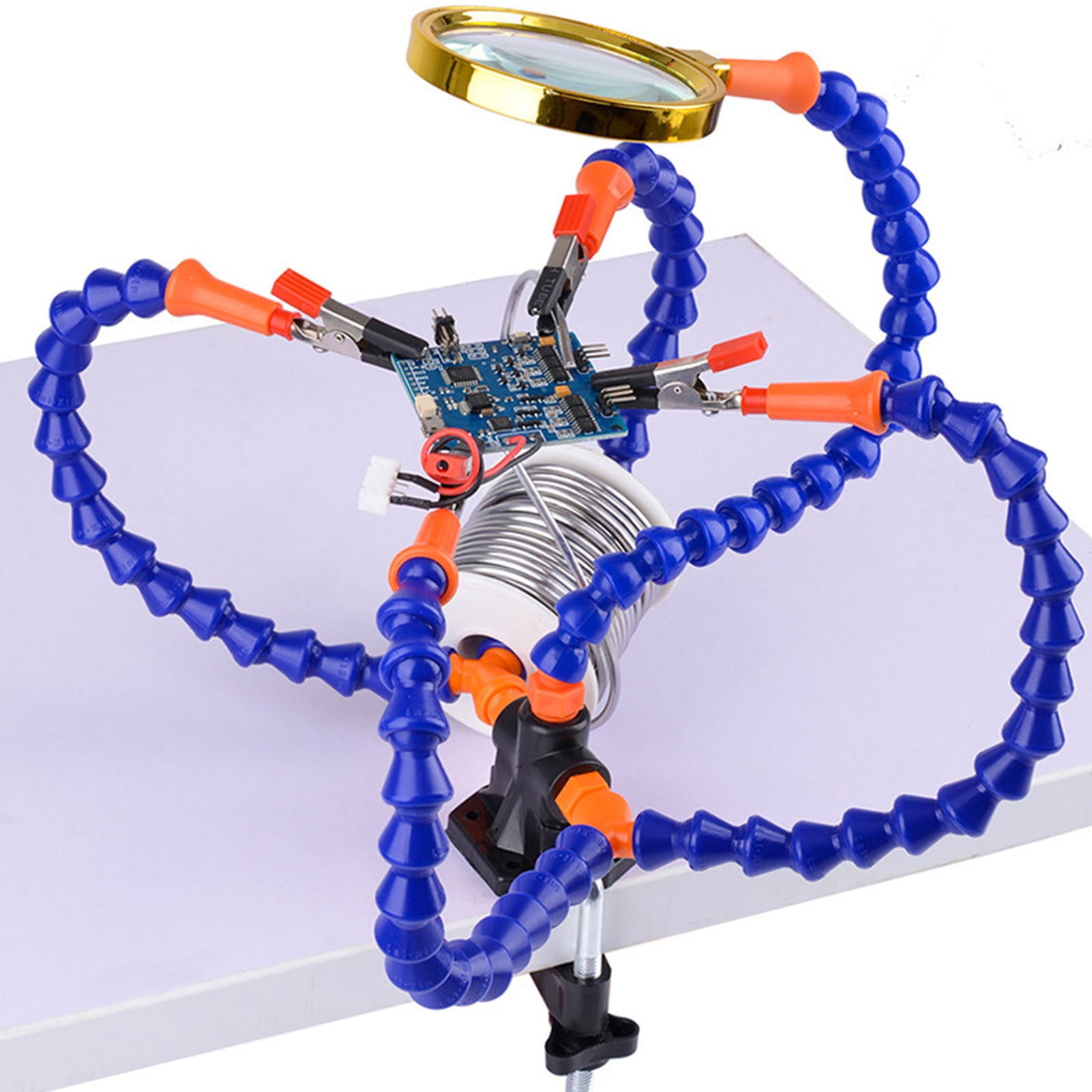 Adjustable Soldering Vise with 5 Flexible Arms, Magnifier Glass & Iron Holder for Welding Station Tools