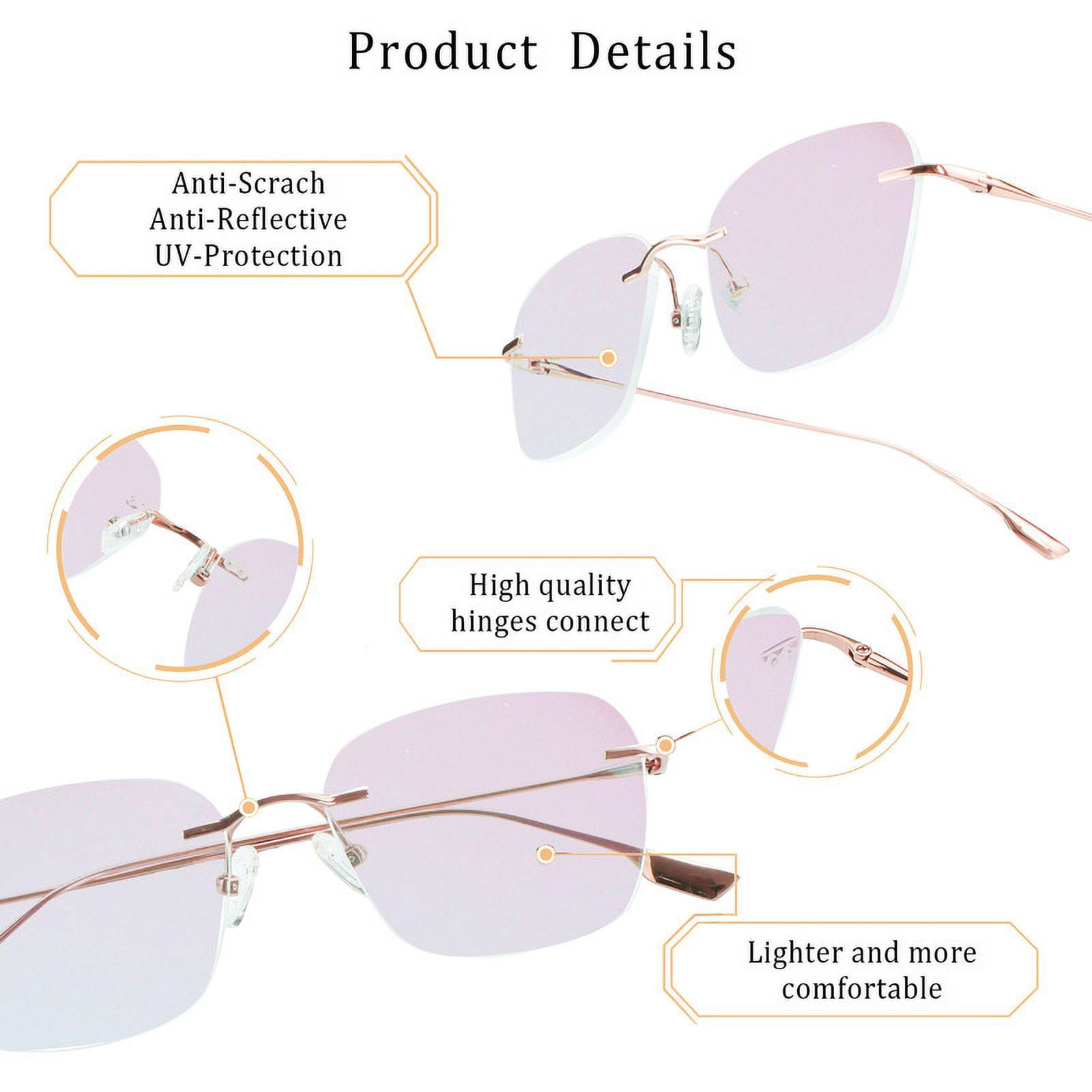 LifeArt Pure Titanium Frame Glasses/Blue Light Blocking Reading Glasses, Reduce Eyestrain,Stylish for Men and Women(Pink Gold,+2.50 Magnification)