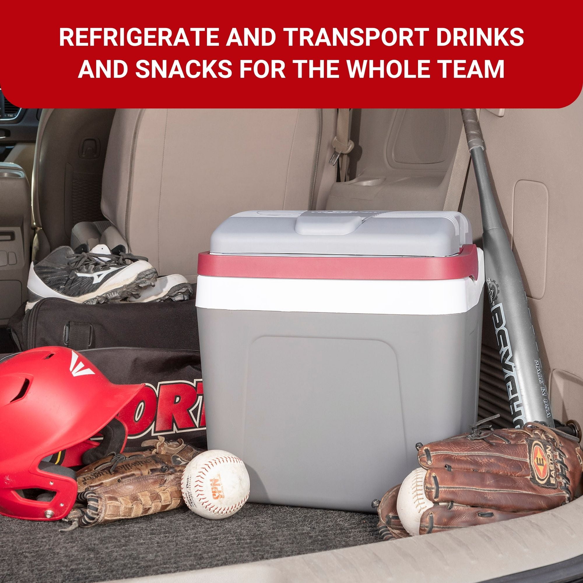 Koolatron 12V Electric Cooler 24L (26 qt), Self-Locking Handle, Gray/Red