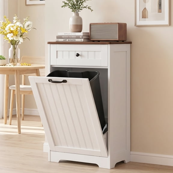 AHB 10 Gallon Tilt Out Trash Cabinet, Pet Proof Kitchen Trash Can Storage Organizer, 20.5"L x 13"W x 36.63"H, White