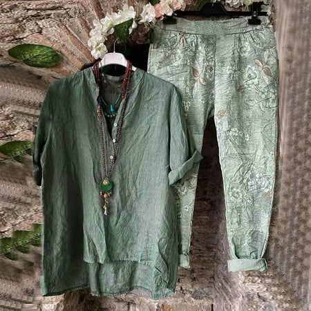 

FITORON Womens Pajama Sets- Printed V-neck Half Sleeve Pullover Shirt Tops + Pants Trousers Set Army Green S