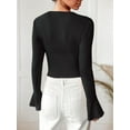 thumbnail image 3 of Weardear Women's V Neck Ruched Self-Tie T-Shirt Slim Fit Flare Long Sleeve Basic Tops, 3 of 5