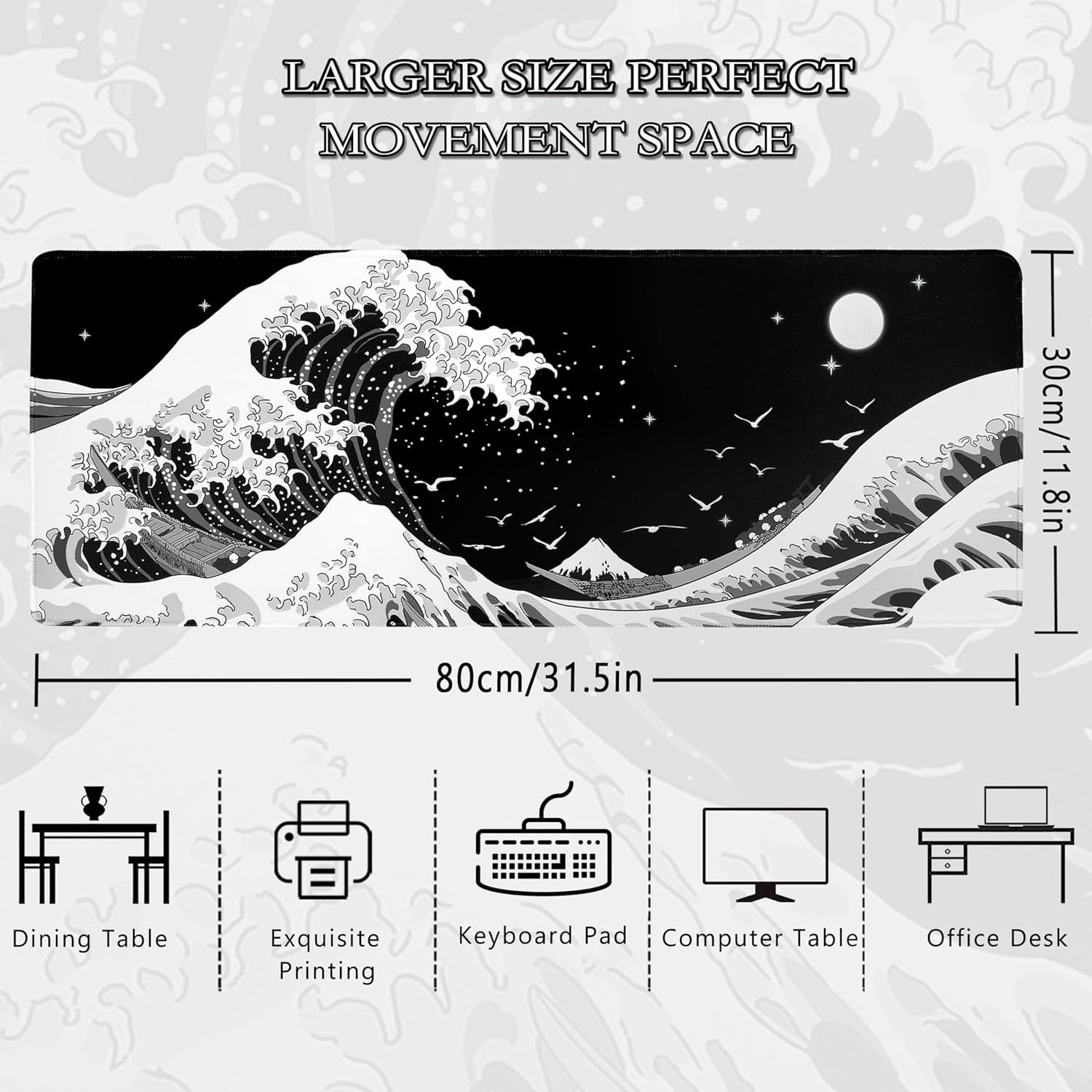 Black Gaming Laptop Mouse Pad,Sea Wave Big Mice Pads PC Keyboard Waterproof and Non-Slip 31.5" x 11.8" 0.12" Thick XL,XXL Rubber Table Mat, Kanagawa Surfing and Japanese Mouse Pads