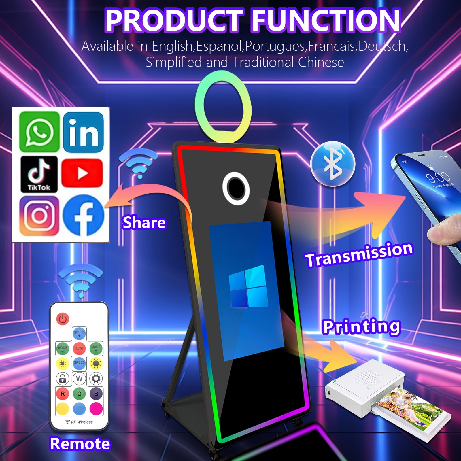 WideMeet 65''Portable Magic Mirror Photo Booth 32''Touch Screen with RGB Light Selfie Machine for Party