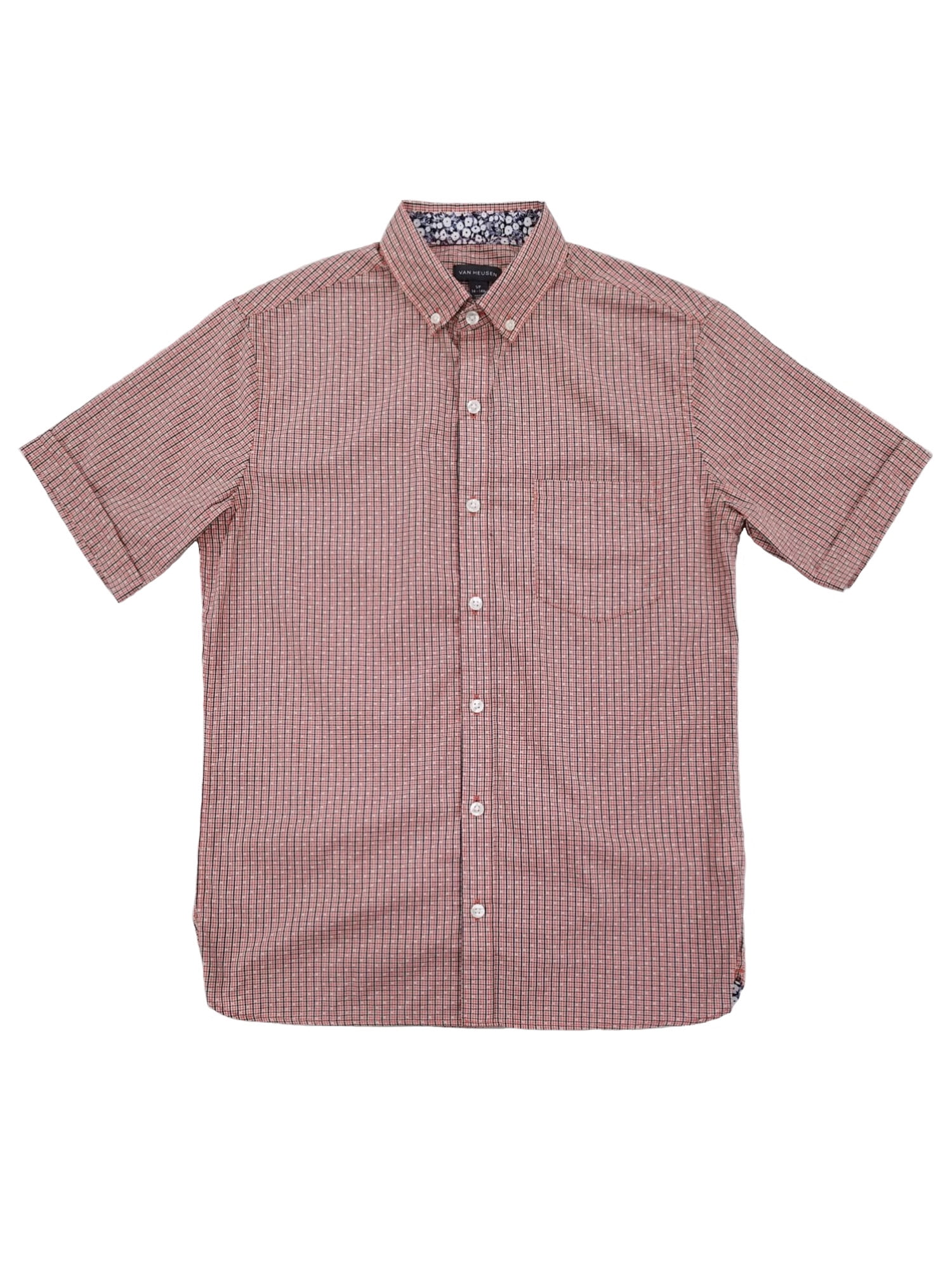 Van Heusen Mens Spiced Coral Plaid Never Tuck Slim Fit Short Sleeve