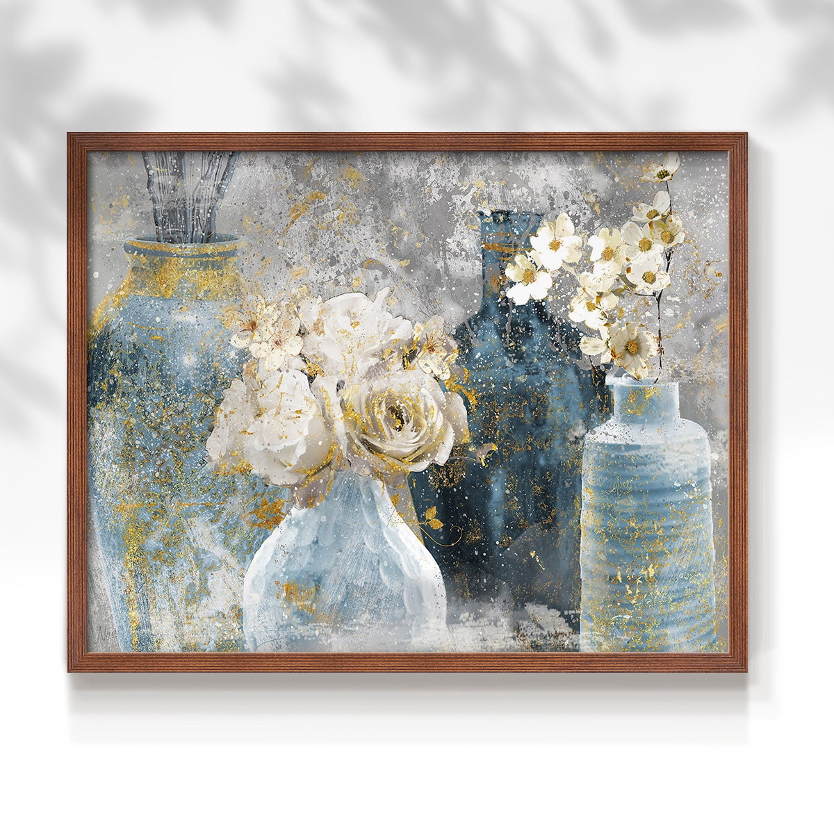 Vessels and Blooms Blues by Nan - Restickable Framed Giclée Print