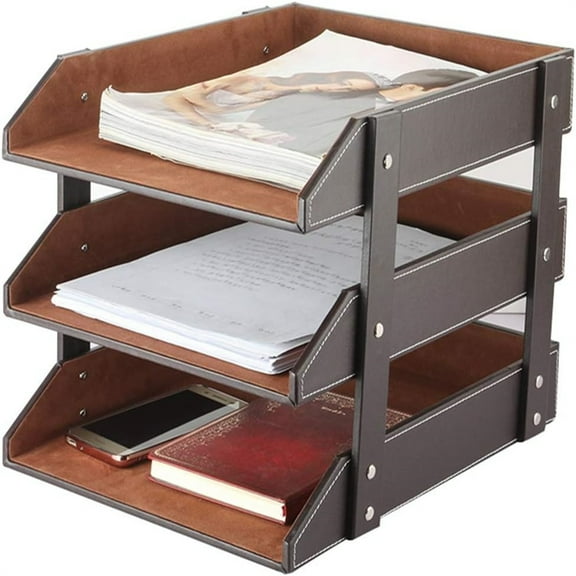 3 Tier Leather Desk File Rack for Office Supplies/Stationery/Folder,Stackable Letter Tray Organizer,Document Filing Organizer Holder for Desktop Storage (Brown)…