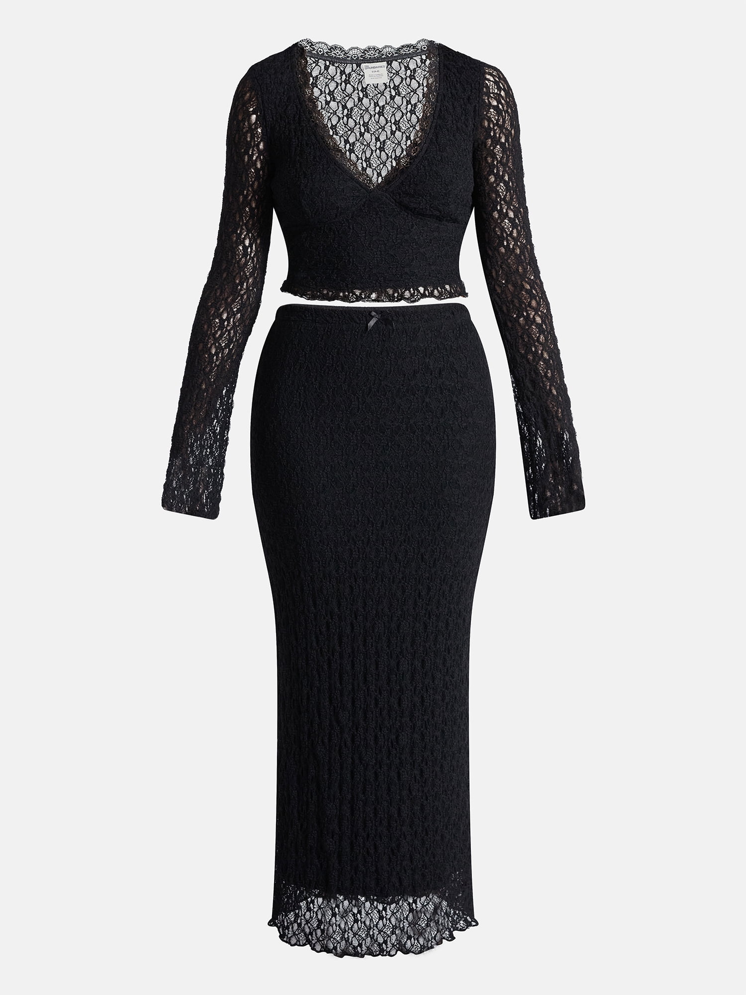 No Boundaries Lace Long Sleeve Crop Top and Midi Skirt Set, 2-Piece, Women’s