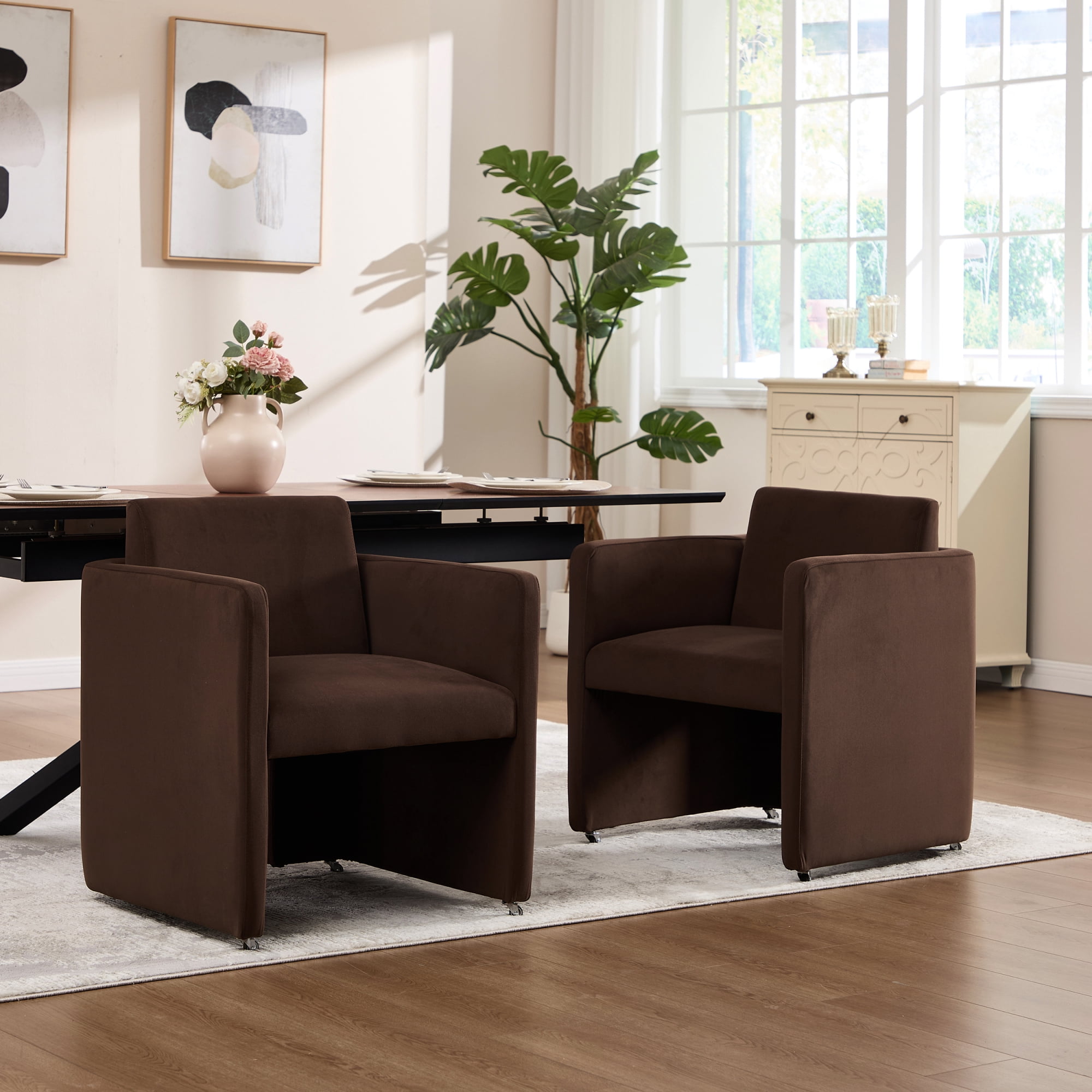 Leumius Modern Barrel Dining Chair, Accent Kitchen Chair with Arms Comfy Velvet Fabric, Side Chair for Living Room Home Office Reception, Chocolate