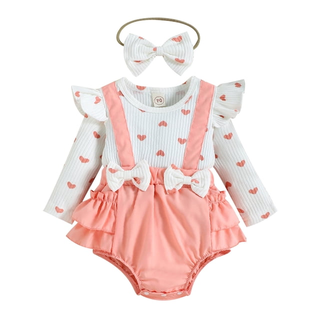 Gibobby Ropa Para Bebe acanalado con y estampado de corazón de manga larga con volantes para niñas pequeñas, monos para recién nacidos, trajes con diademas(Rosa, 3-6 Meses)