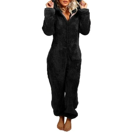 

GuliriFei Women s Warm Fleece One Piece Footed Plush Hooded Zipper Pajamas