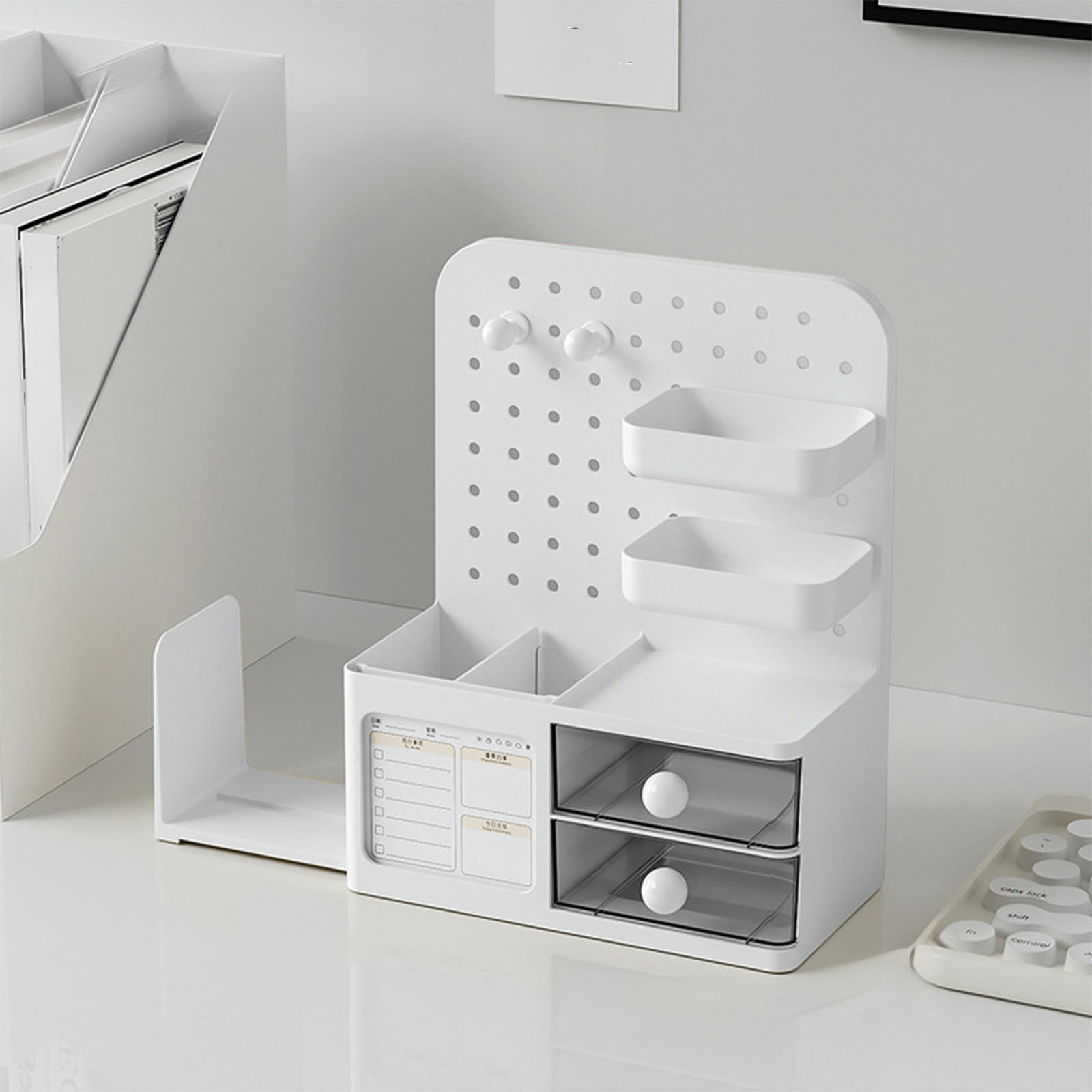 Horivan Desk Pegboard Organizer with Retractable Stand Plastic Storage Box for Office Supplies Home Office Dorm Desk Organizer, Space Saving Desk Accessories