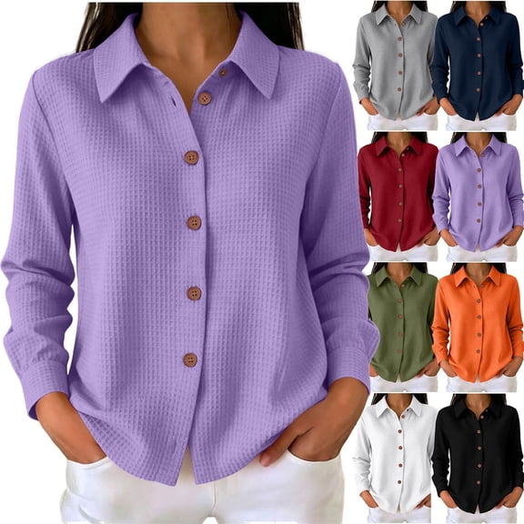 Teylalorva Women’s Waffle Knit Cardigan Button Front Long Sleeve Notched Shirt Collar Lightweight Casual Layering Top Purple Size L