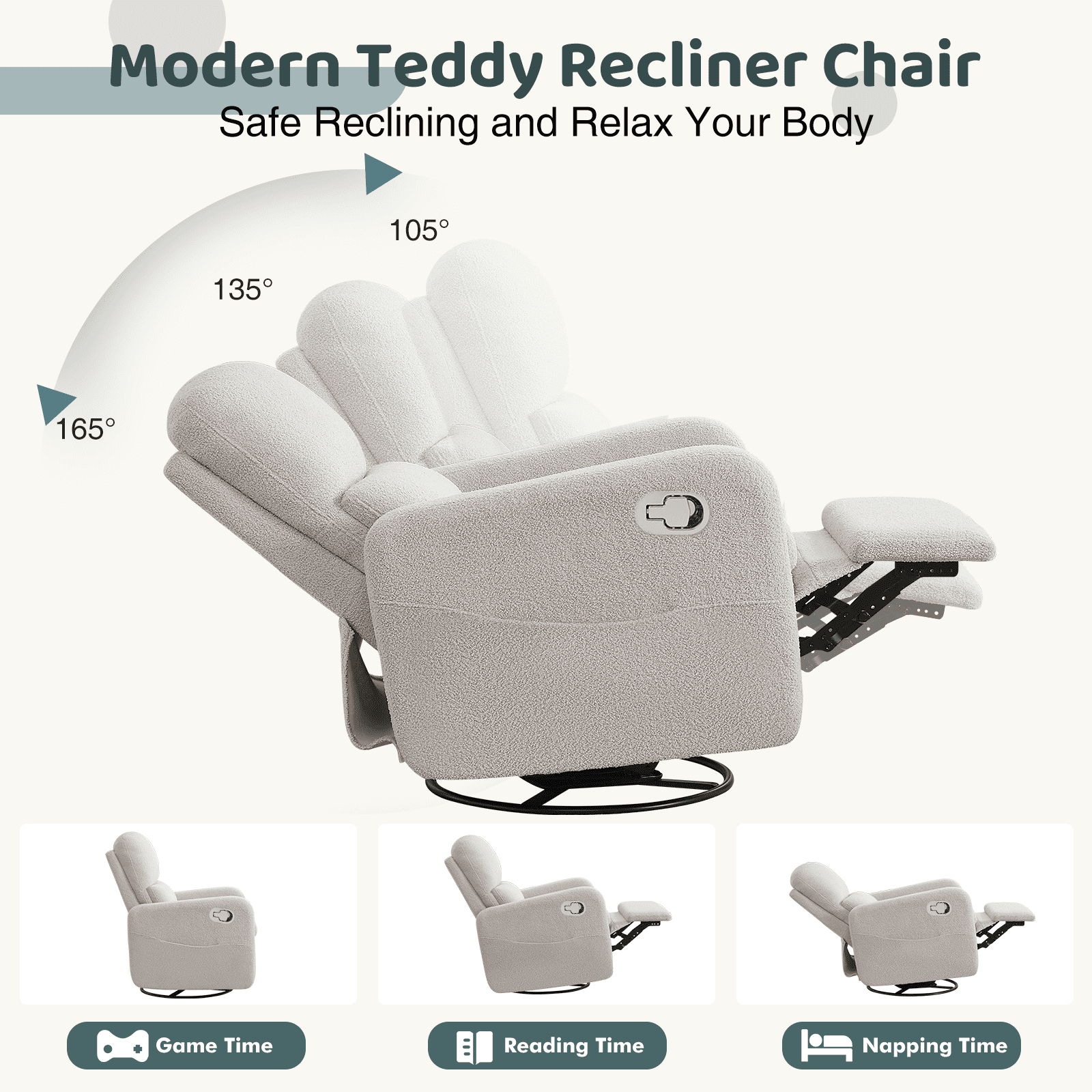 Aemeios Swivel Manual Recliner Chair Teddy Fabric Nursery Glider Rocker Recliner, Gray