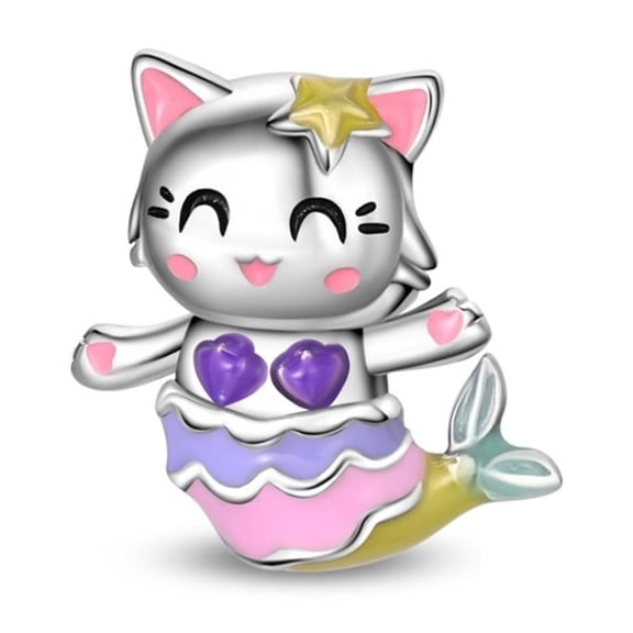 KUNSIR 925 Sterling Silver Charm Cute Mermaid Cat Bead Charm For Bracelets DIY