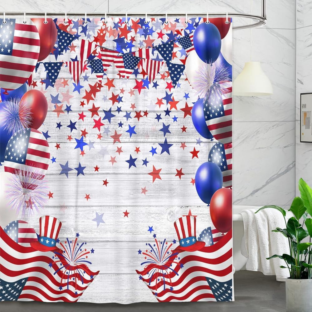 Happy 4th of July Independence Day Shower Curtain, Presidents Day Memorial Day Veterans Day God Bless The USA Patriotic Bathroom Shower Curtain with 12Pcs Hook