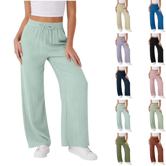 Jaunzuar Summer Pants for Women Straight Leg Elastic Waist Drawstring Pants Loose Versatile Casual Pants with Pockets L