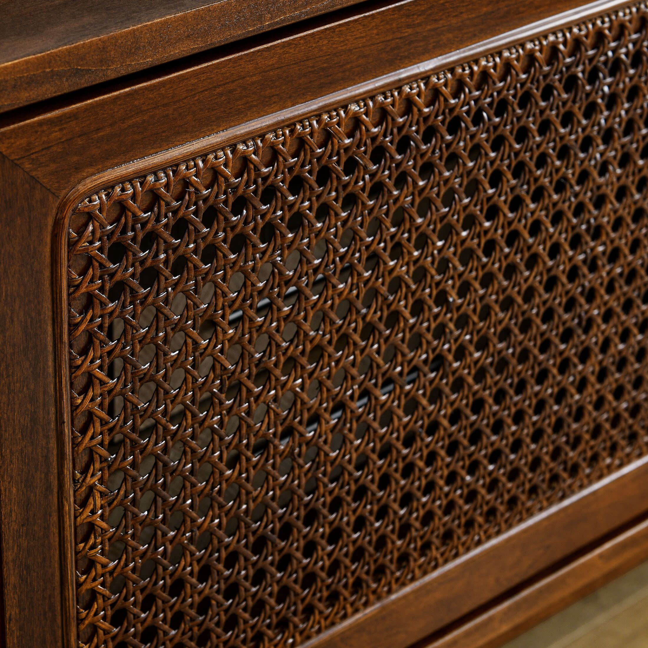 Noble House 59" Mid-Century Rattan TV Stand, Entertainment Cabinet with Sliding Doors, for Living Room, Walnut