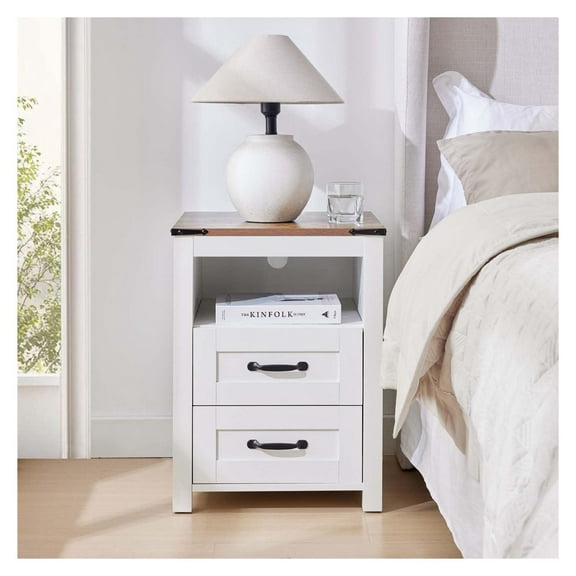 Farmhouse Nightstand, Rustic White Night Stand with 2 Drawers, End Table for Bedroom, Wood Bedside Dresser Without Charging Station 1pcs White Without Charging Station