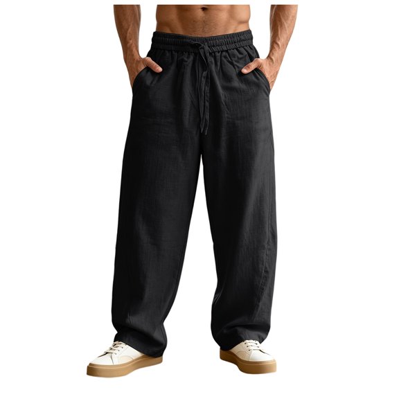 GEWSEY Men's Casual Linen Pants Loose Fit Drawstring Waist Lightweight Linen Trousers Summer Yoga Beach Long Pants (Black, 3XL)