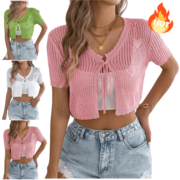 Mifsaly Womens Boho Crochet Knit Crop Tops Tie Front V Neck Short Sleeve Eyelet Lace Bolero Shrug Cardigan Hollow Out Summer Beach Cover up Going Out Shirt Mesh Texture Top XL