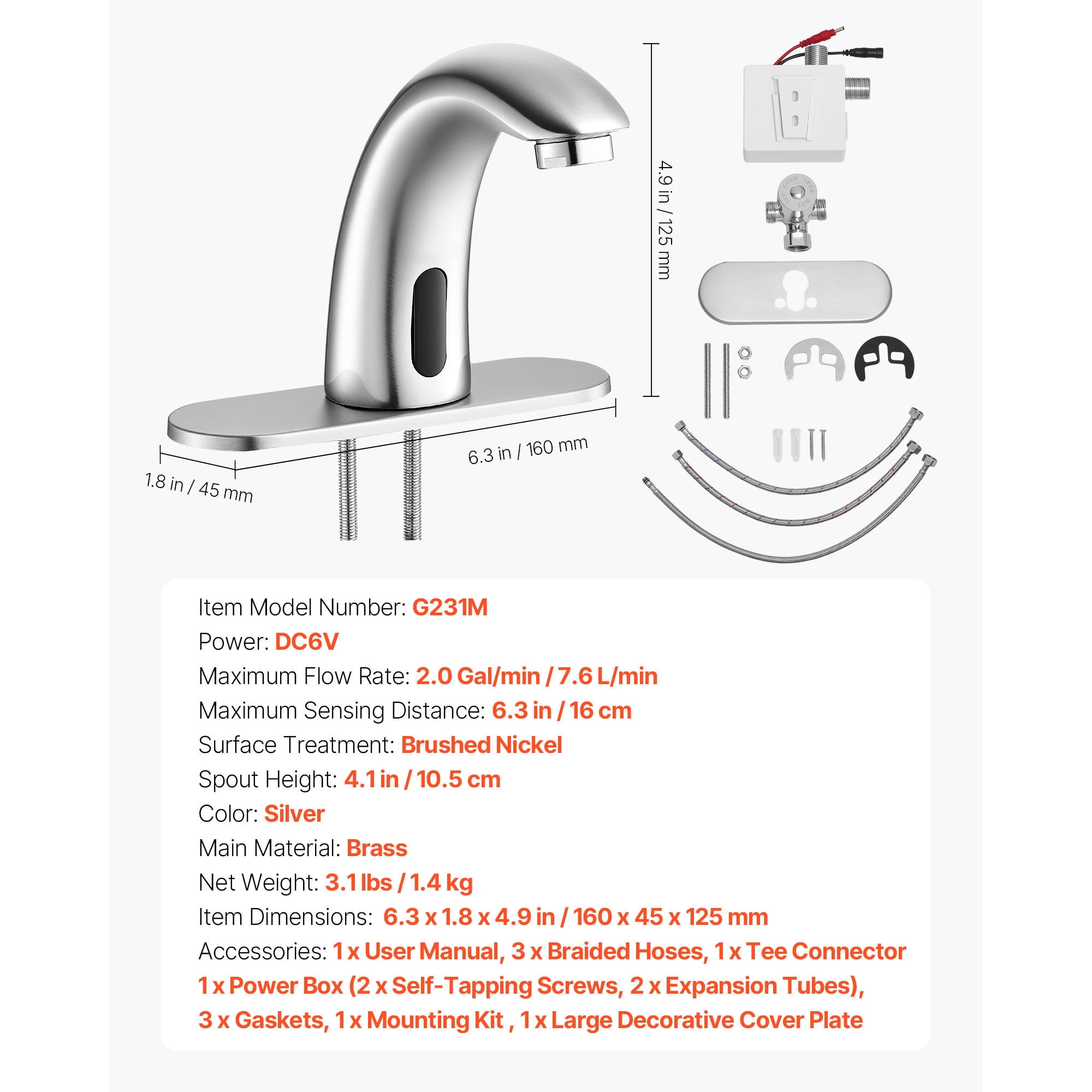 KFFKFF Touchless Bathroom Sink Faucet, Automatic Motion Sensor Restroom Faucet with Hole Cover Plate, Battery Powered, Adjustable Temperature for 9/16 in Pipe, Commercial Lavatory, Brushed Nickel