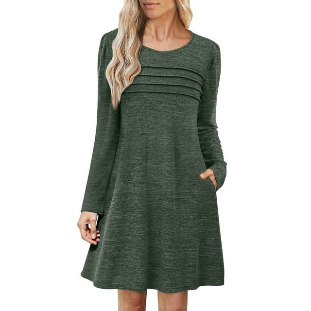 Lenpel Robes d'Automne pour Femmes Manches Longues Col Rond Plissé devant Longueur Genou Robes Décontractées Douces avec Poches (Vert, Moyen)