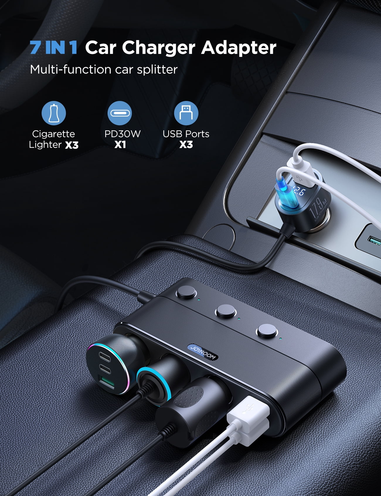 JOYROOM 7 in 1 Cigarette Lighter Adapter, PD 30W Fast Charging USB Car Charger Adapter, 24V/12V Cigarette Lighter Splitter with Independent Switches & LED Voltage Display