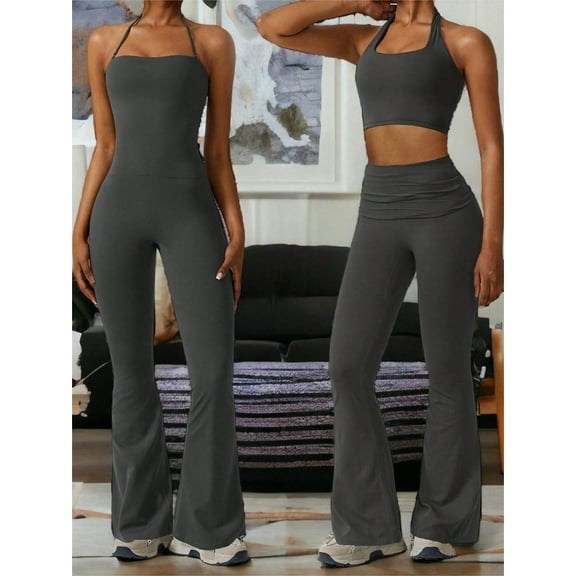 Women's Flared Halter Neck Jumpsuit Convert to High Waist Flared Yoga Pants- Large, Dark Gray