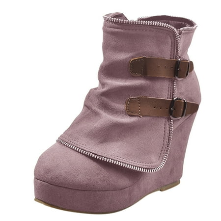 

iOPQO Women s Ankle Boots Round Solid Short Buckle Wedges Women Shoes Toe Retro Keep Warm Color Booties Strap Women s Boots Round toe solid color suede Khaki 41