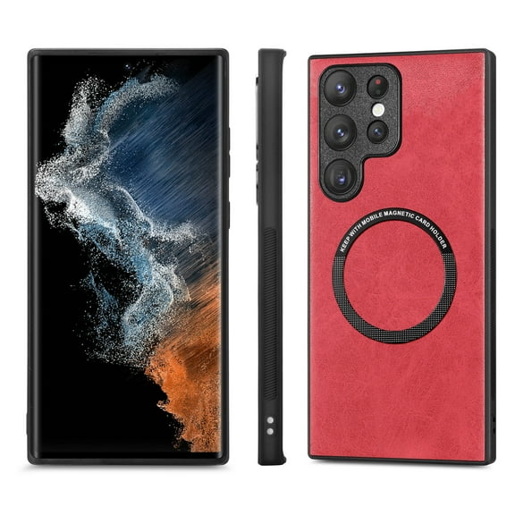 Magnetic PU Leather Case for Samsung Galaxy S23 Ultra (6.8 inch),Built in Magnets for MagSafe Charger,Shockproof Protection Lightweight Anti-Scratch Slim Fit Phone Case,Red