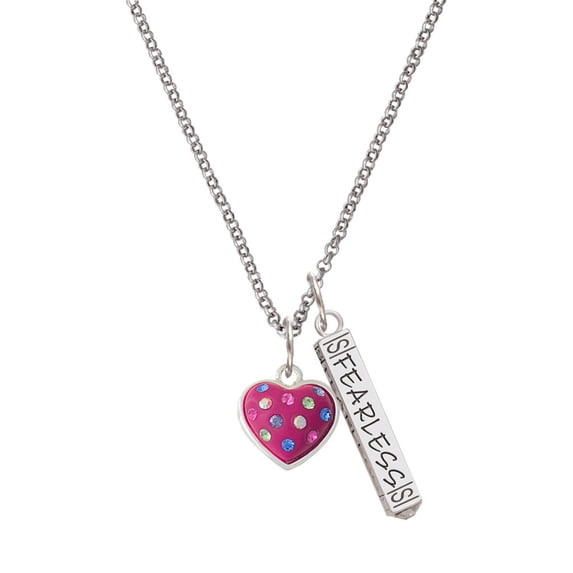 Delight Jewelry Silvertone Hot Pink Resin Heart in Frame Silvertone Fearless Bar Charm Necklace, 23"