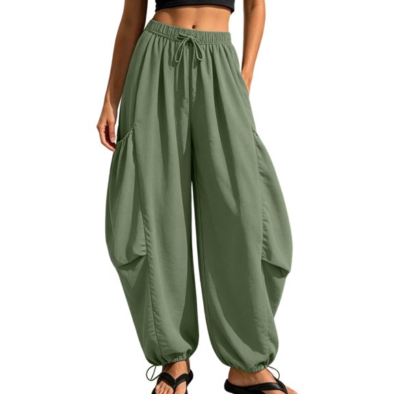 TEAJOPSUU Women's Harem Pants Drawstring Elastic Waist Ankle Cuffs Relaxed Fit Casual Trousers for Yoga Gym Everyday Green