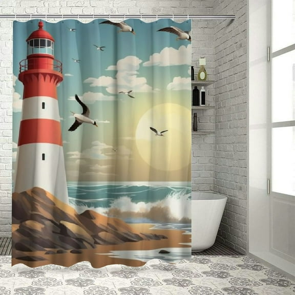 Orinice Abstract Lighthouse Bathroom Shower Curtain Sets, Cartoon Seagull Ocean Coastal  Bathroom Sets with Shower Curtain and Rugs, Toilet Lid Cover,Bath Mat, Bathroom Decorations Sets 36x72
