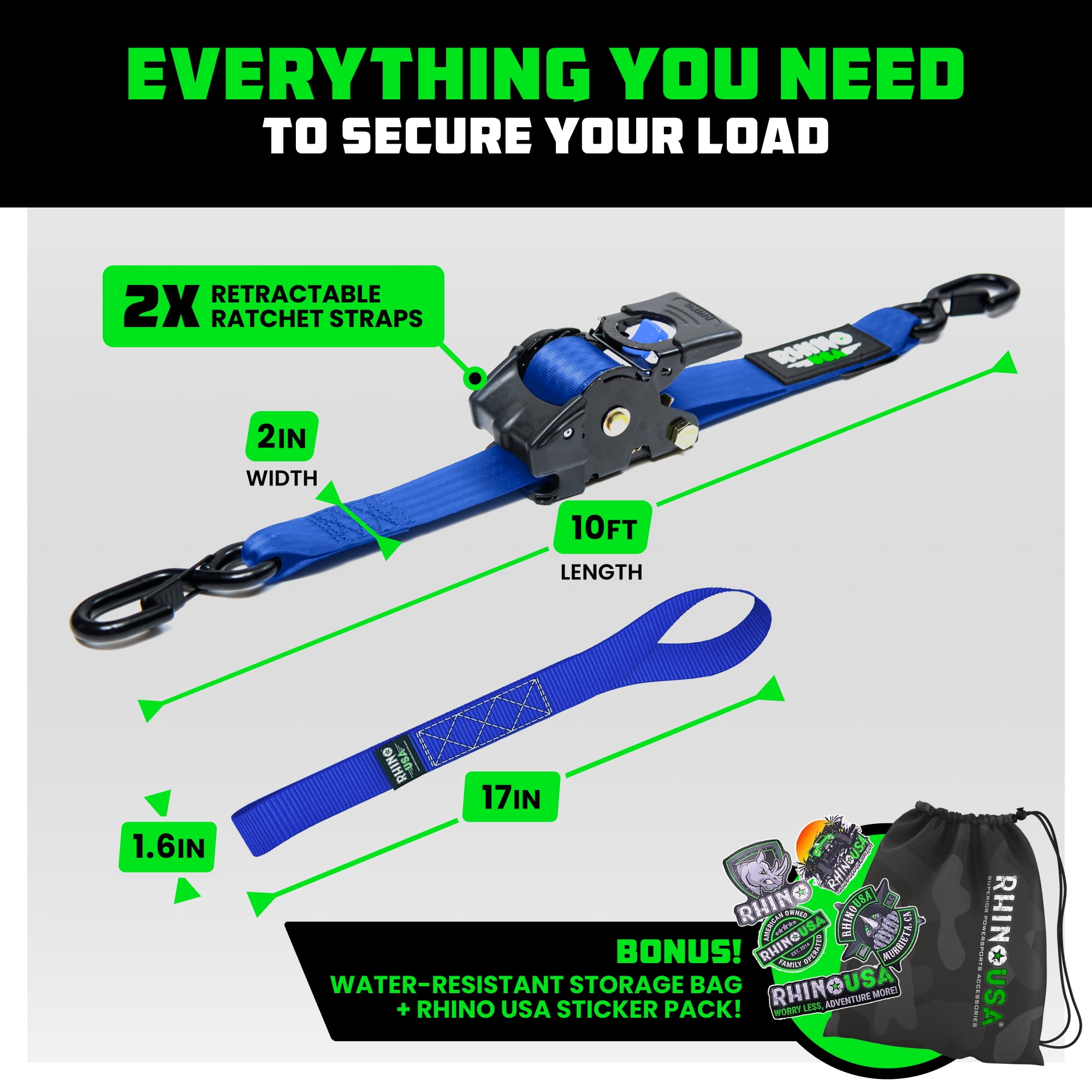 Rhino USA Heavy Duty 2" x 10' Retractable Ratchet Straps 3,033lb Break Strength (Blue 2-Pack)