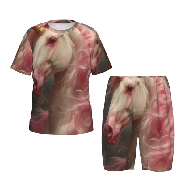 Fotbe Haired White Horse Pijama Estampada de 2 Piezas para Niños – Ropa de Dormir de Manga Corta Cómoda para Niños y Niñas, Camiseta y Shorts de Algodón-Small