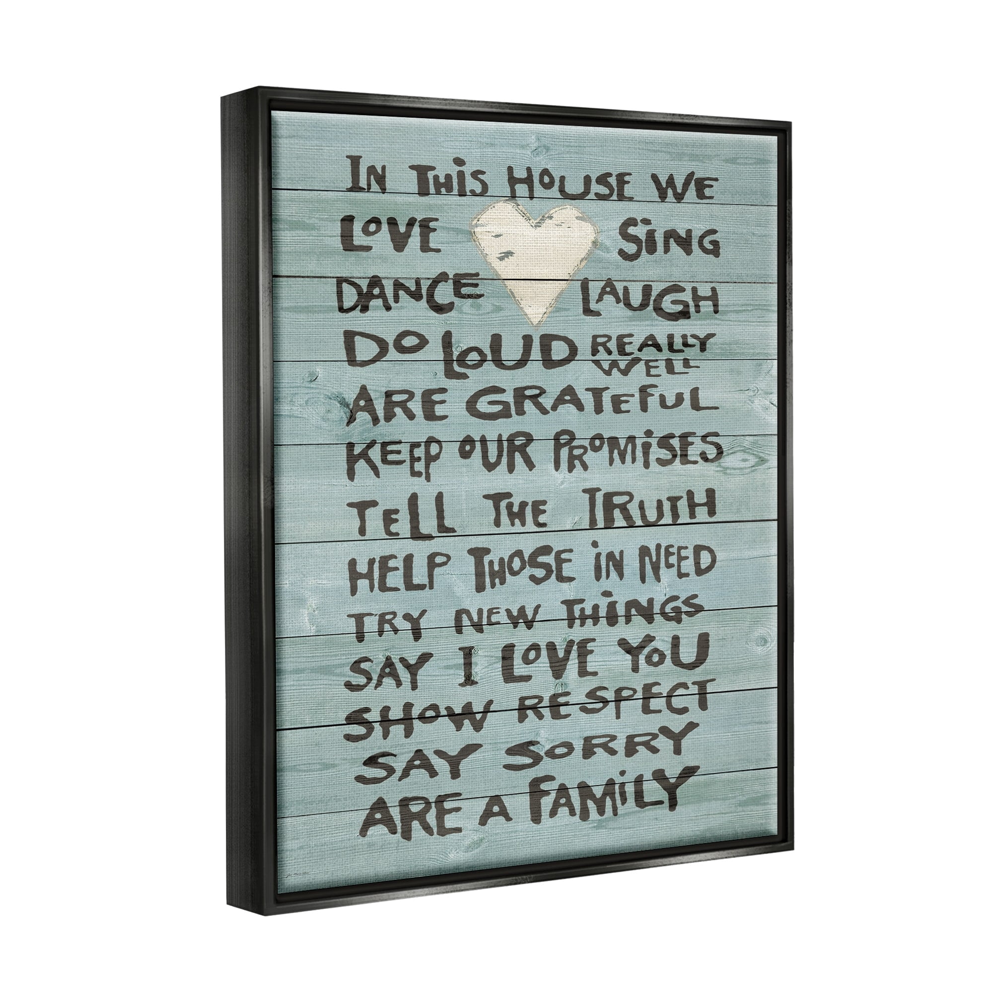 Stupell Industries In This House We Love Family Heart Rustic Wood Look Jet Black Framed Floating Canvas Wall Art, 16x20, by Jo Moulton