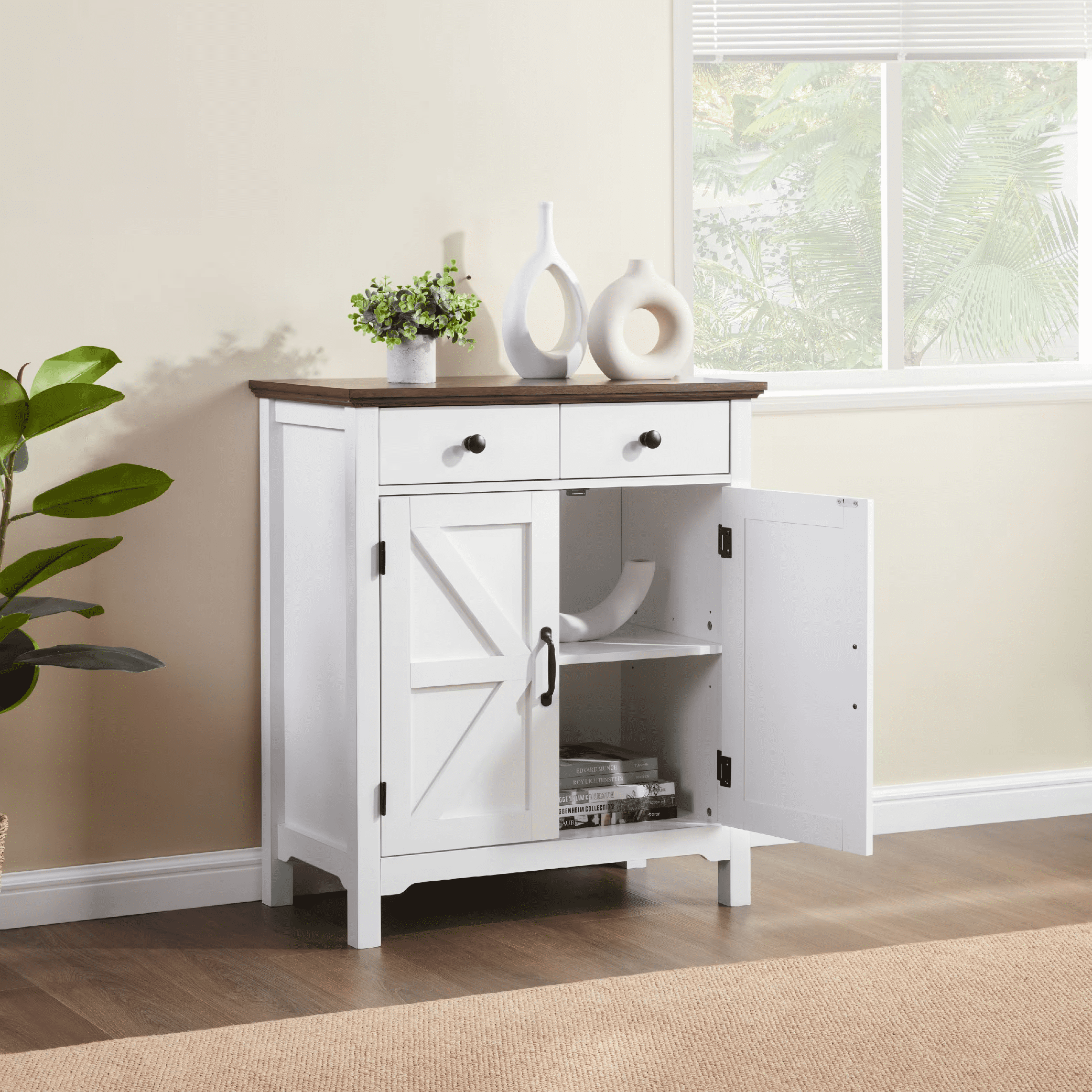 Farmhouse Buffet Cabinet with Drawer, Adjustable Shelf, Barn Door Sideboard