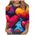 thumbnail image 2 of Valentines Tops Women, Heart Print T Shirt, Women 3/4 Sleeve Blouses Ladies Loose Casual Valentine's Day Printed Round Neck Three Quarter Sleeve T-Shirts Top, 2 of 5